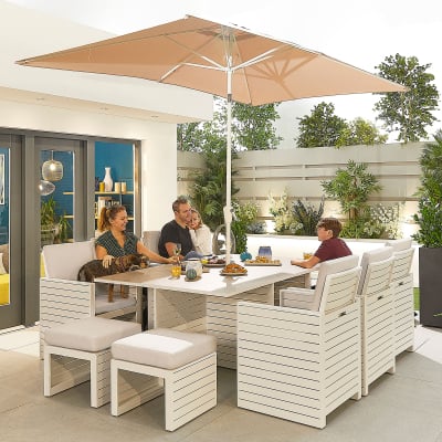 Adria 6 Seat Aluminium Cube Dining Set with 6 Stools - Rectangular Table in Chalk White