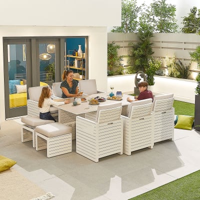 Adria 6 Seat Aluminium Cube Dining Set with 6 Stools - Rectangular Table in Chalk White