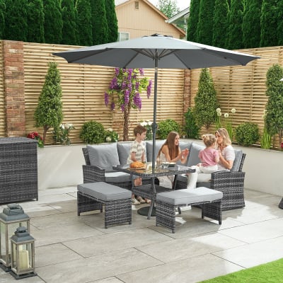 Cambridge Compact Corner Rattan Lounge Dining Set with 2 Stools - Square Parasol Hole Table in Grey Rattan