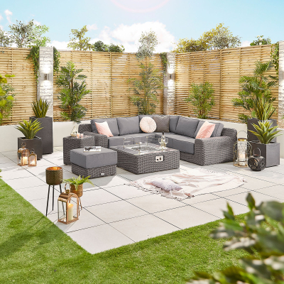 Luxor Rattan Corner Sofa Lounging Set with Square Fire Pit Coffee Table & Footstool in Slate Grey