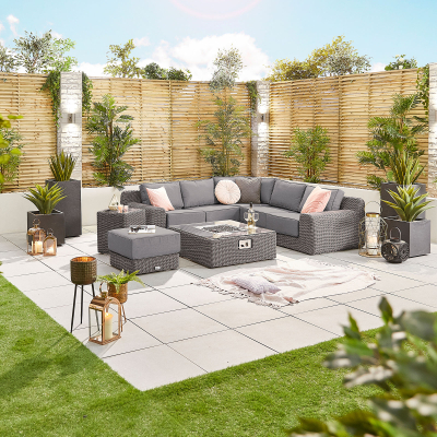 Luxor Rattan Corner Sofa Lounging Set with Square Fire Pit Coffee Table & Footstool in Slate Grey