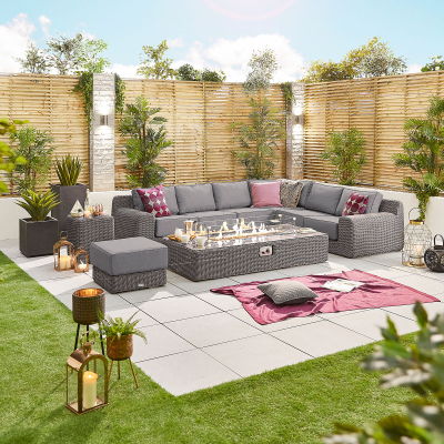 Luxor Rattan L-Shaped Corner Sofa Lounging Set with Rectangular Fire Pit Coffee Table & Footstool in Slate Grey