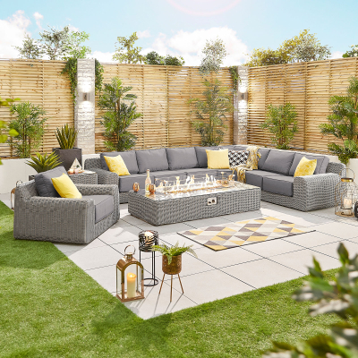 Luxor Rattan L-Shaped Curved Corner Sofa Lounging Set with Rectangular Fire Pit Coffee Table & 1 Armchair in White Wash