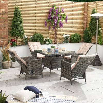 Ruxley 4 Seat Rattan Dining Set - Square Table in Brown Rattan