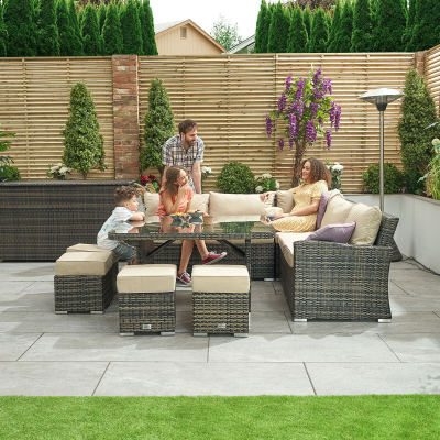 Cambridge Deluxe Corner Rattan Lounge Dining Set with 4 Stools - Square Parasol Hole Table in Brown Rattan