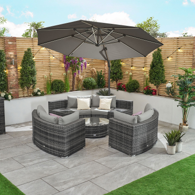 Kensington Rattan Curved Sofa Lounging Set with Ice Buckets & Round Coffee Table in Grey Rattan