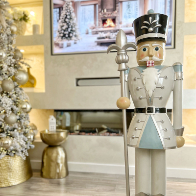 4ft Norbert Christmas Nutcracker Figure with Staff in Icicle White