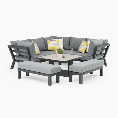 Emerson Compact Corner Aluminium Lounge Dining Set with 2 Benches - Adjustable Rising Table in Graphite Grey