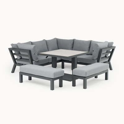 Emerson Compact Corner Aluminium Lounge Dining Set with 2 Benches - Adjustable Rising Table in Graphite Grey