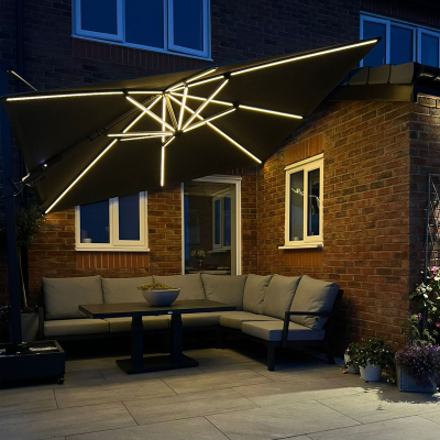 Astra 3.0m x 3.0m Square LED Aluminium Cantilever Parasol - Grey Canopy and Grey Frame