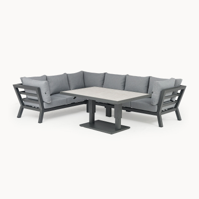 Emerson L-Shaped Corner Aluminium Lounge Dining Set with Bench - Adjustable Rising Table in Graphite Grey