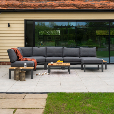 Bella Aluminium Wood Curved Corner Sofa with Footstool & Middle Unit in Graphite Grey