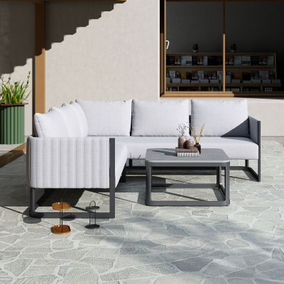 Oakley All Weather Fabric Aluminium Square Corner Sofa Lounging Set in Cloudy Grey