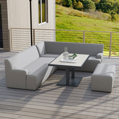 Hugh L-Shaped Corner All Weather Fabric Aluminium Lounge Dining Set with Bench - Adjustable Rising Table