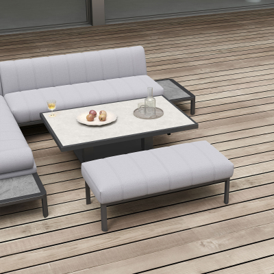 Monica L-Shaped Corner All Weather Fabric Aluminium Lounge Dining Set with Bench - Left Handed Adjustable Rising Table in Cloudy Grey