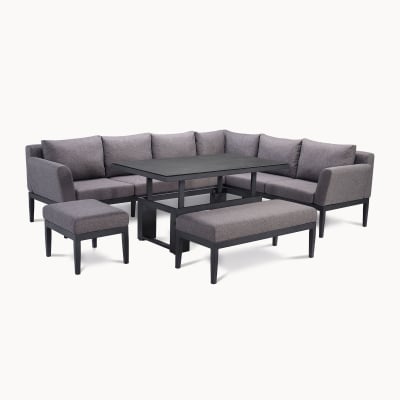 Zach L-Shaped Corner Aluminium Lounge Dining Set - Rising Table in Smoked Grey