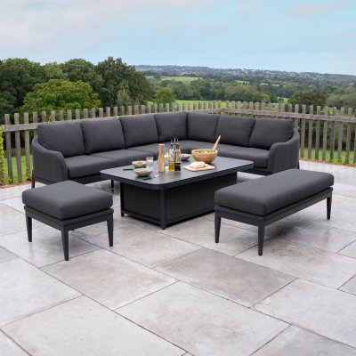 Duke L-Shaped Corner All Weather Fabric Aluminium Lounge Dining Set with Benches - Right Handed Rising Table in Charcoal Grey