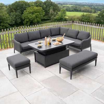 Duke L-Shaped Corner All Weather Fabric Aluminium Lounge Dining Set with Benches - Right Handed Rising Table in Charcoal Grey