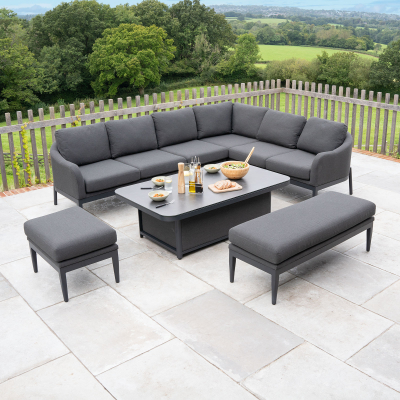 Duke L-Shaped Corner All Weather Fabric Aluminium Lounge Dining Set with Benches - Right Handed Rising Table in Charcoal Grey