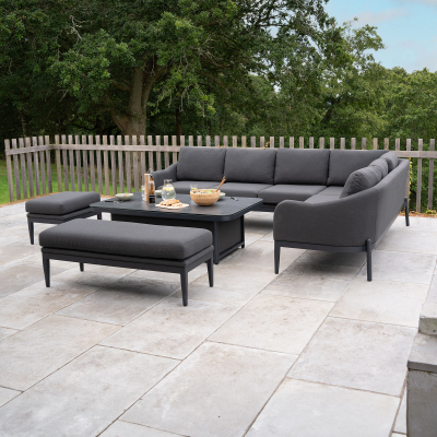 Duke L-Shaped Corner All Weather Fabric Aluminium Lounge Dining Set with Benches - Right Handed Rising Table in Charcoal Grey