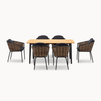 Cane 6 Seat Rattan Aluminium Dining Set - Rectangular Table in Palomino Brown