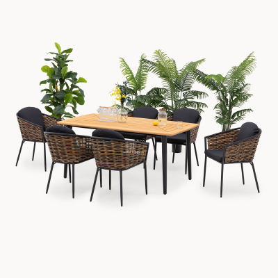 Cane 6 Seat Rattan Aluminium Dining Set - Rectangular Table in Palomino Brown