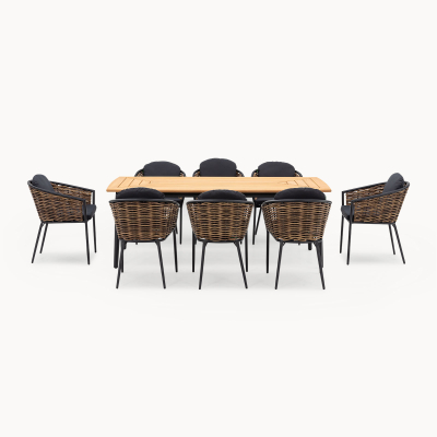 Cane 8 Seat Rattan Aluminium Dining Set - Rectangular Table in Palomino Brown