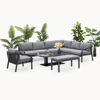 Teagan Aluminium Rope Large Corner Right Handed Lounge Dining Set with Rise & Fall Table in Persian Grey