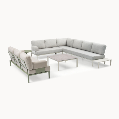 Yasmin Aluminium Large Corner Sofa Lounging Set with 3 Seat Sofa in Pebble & Avocado