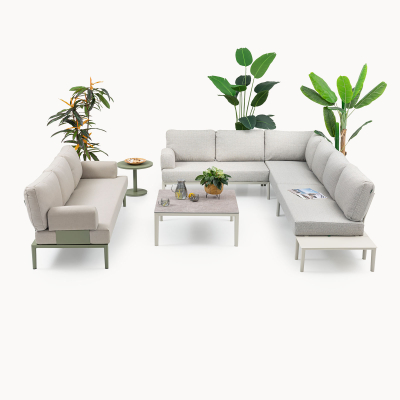 Yasmin Aluminium Large Corner Sofa Lounging Set with 3 Seat Sofa in Pebble & Avocado