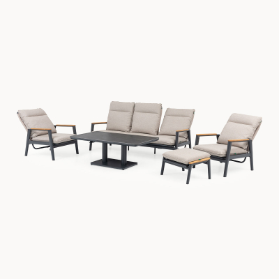 Parker 3 Seater Aluminium Rope Reclining Lounge Dining Set with 2 Armchairs - Adjustable Rising Table in Beige