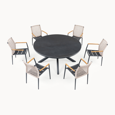 Parker 6 Seat Aluminium Rope Dining Set - Round Table in Beige