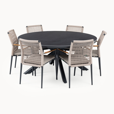 Parker 6 Seat Aluminium Rope Dining Set - Round Table in Beige