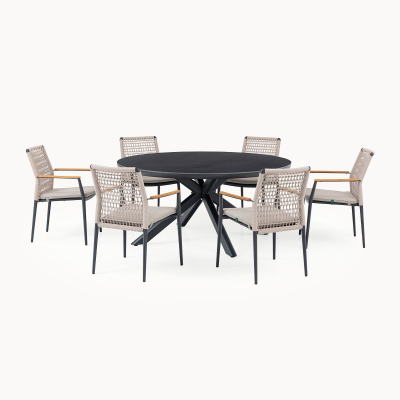 Parker 6 Seat Aluminium Rope Dining Set - Round Table in Beige