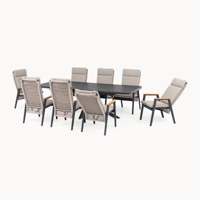 Parker 8 Seat Aluminium Rope Dining Set - Rectangular Extending Table in Beige