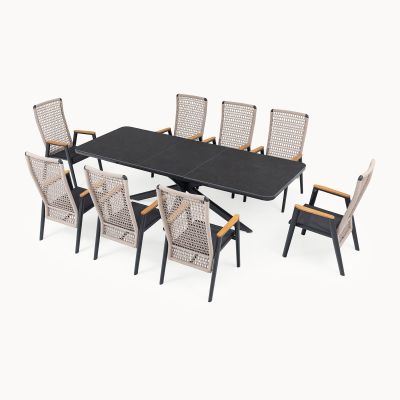 Parker 8 Seat Aluminium Rope Dining Set - Rectangular Extending Table in Beige