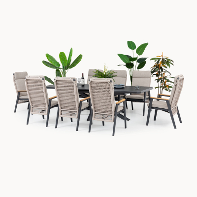 Parker 8 Seat Aluminium Rope Reclining Dining Set - Rectangular Extending Table in Beige