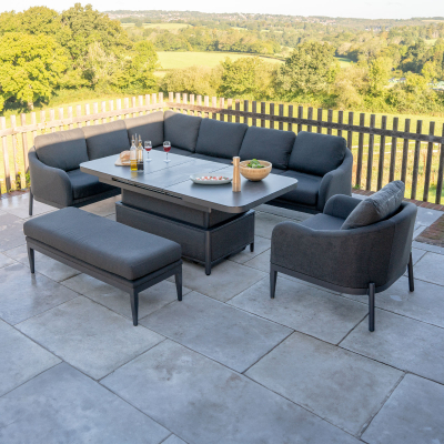 Duke L-Shaped Corner All Weather Fabric Aluminium Lounge Dining Set with Armchair and Bench - Left Handed Rising Extending Table in Charcoal Grey