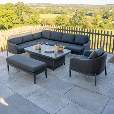 Duke L-Shaped Corner All Weather Fabric Aluminium Lounge Dining Set with Armchair and Bench - Left Handed Rising Extending Table in Charcoal Grey