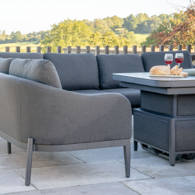 Duke L-Shaped Corner All Weather Fabric Aluminium Lounge Dining Set with Armchair and Bench - Left Handed Rising Extending Table in Charcoal Grey