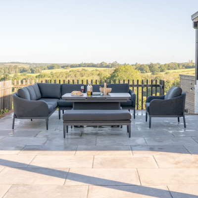 Duke L-Shaped Corner All Weather Fabric Aluminium Lounge Dining Set with Armchair and Bench - Left Handed Rising Extending Table in Charcoal Grey