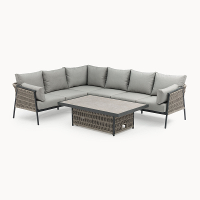 Sophia L-Shaped Corner Rattan Aluminium Lounge Dining Set - Left Handed with Rising Table in Mottled Grey