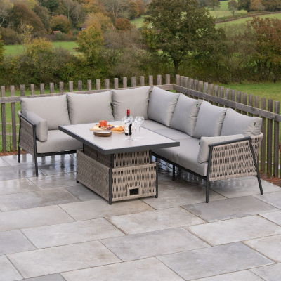 Sophia L-Shaped Corner Rattan Aluminium Lounge Dining Set - Left Handed with Rising Table in Mottled Grey