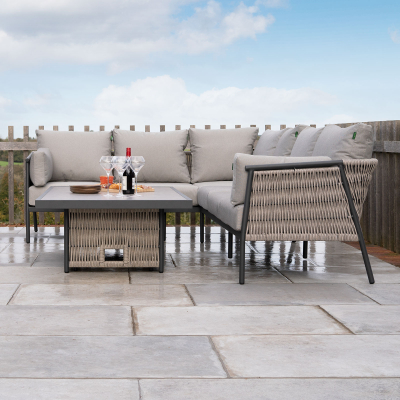 Sophia L-Shaped Corner Rattan Aluminium Lounge Dining Set - Left Handed with Rising Table in Mottled Grey