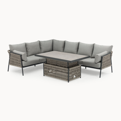 Sophia L-Shaped Corner Rattan Aluminium Lounge Dining Set - Left Handed with Rising Table in Mottled Grey