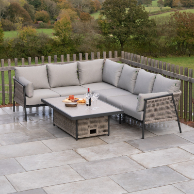 Sophia L-Shaped Corner Rattan Aluminium Lounge Dining Set - Left Handed with Rising Table in Mottled Grey