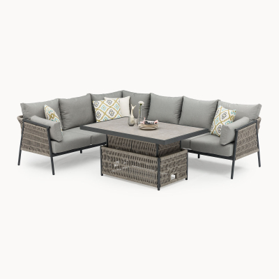 Sophia L-Shaped Corner Rattan Aluminium Lounge Dining Set - Left Handed with Rising Table in Mottled Grey