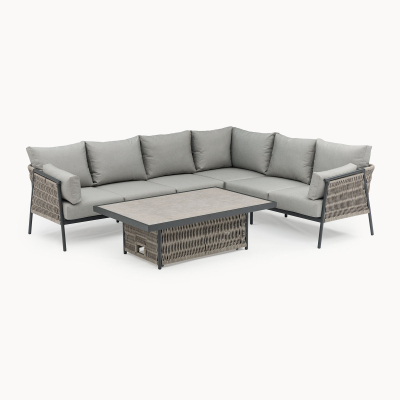 Sophia L-Shaped Corner Rattan Aluminium Lounge Dining Set - Right Handed with Rising Table in Mottled Grey