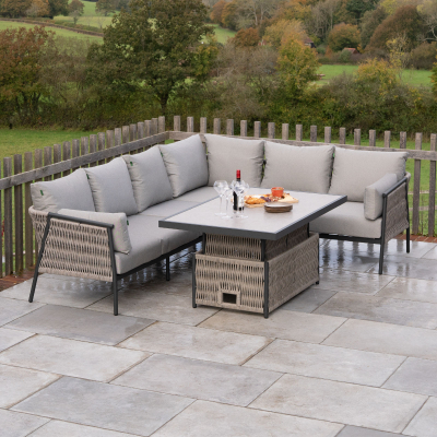 Sophia L-Shaped Corner Rattan Aluminium Lounge Dining Set - Right Handed with Rising Table in Mottled Grey