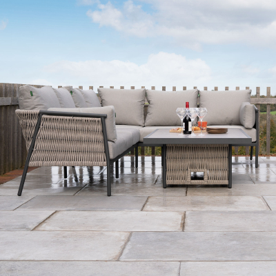 Sophia L-Shaped Corner Rattan Aluminium Lounge Dining Set - Right Handed with Rising Table in Mottled Grey